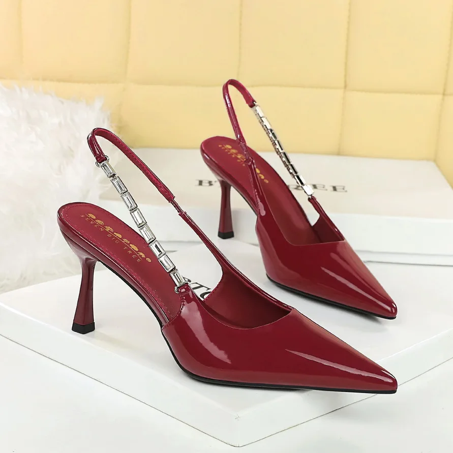 

BIGTREE блестящие серебряные металлические туфли на высоком каблуке с открытой пяткой и кристаллами, простые и модные женские туфли-лодочки на шпильке, церемониальные свадебные сандалии 8 см