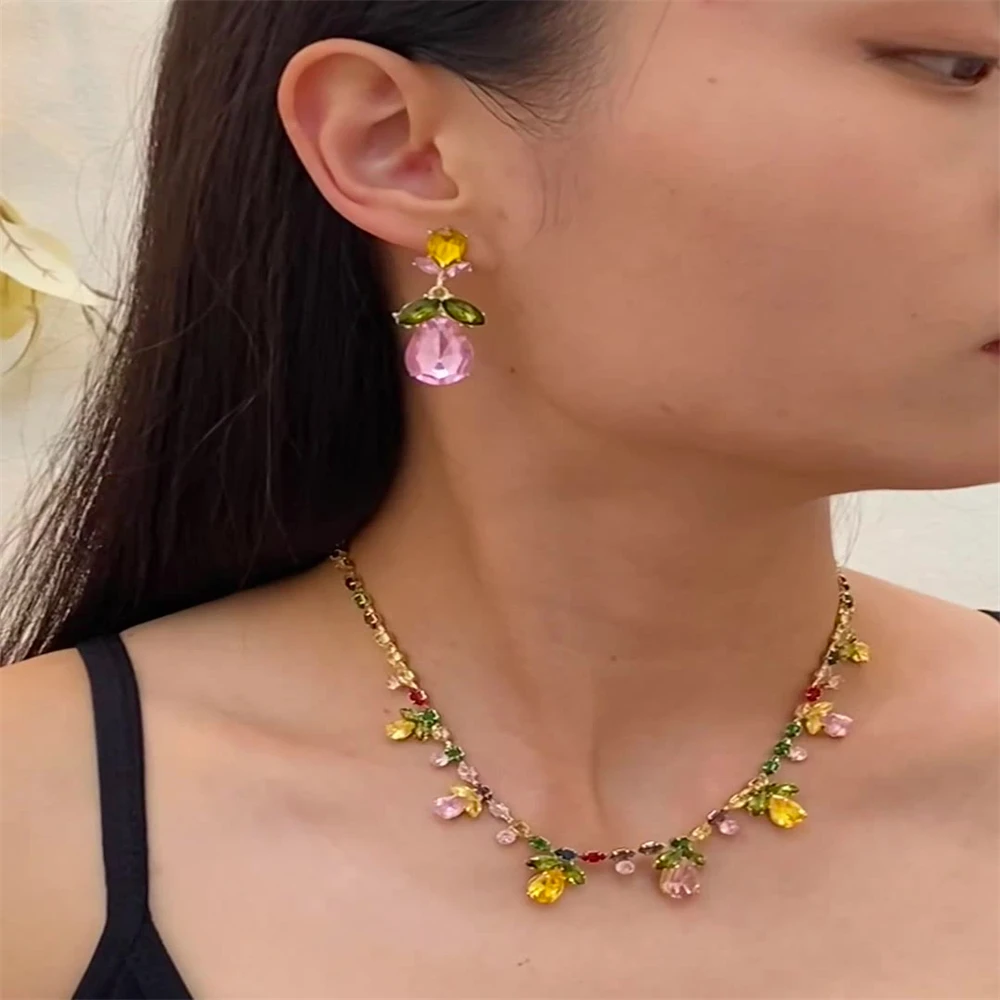 

Elegant Colorful Zircon Flowers Water Drop Earrings Pendant Necklace For Women's Wedding Party Fashion Jewelry Accessories Set