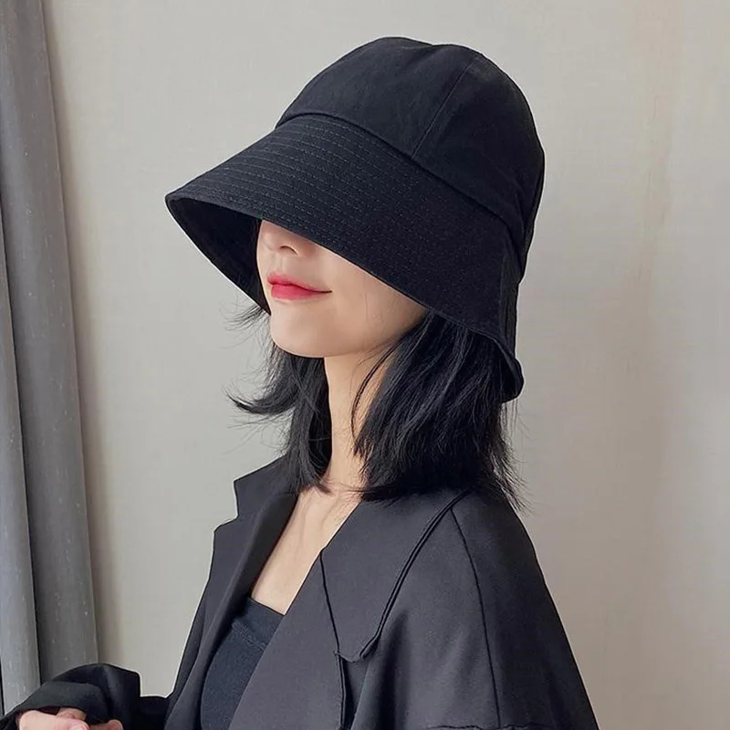 Summer Spring Black Women Bucket Hat Casual Cotton Solid Color Panama Cap Outdoor Beach Visor Sun Hats Lady Girl Fisherman Cap