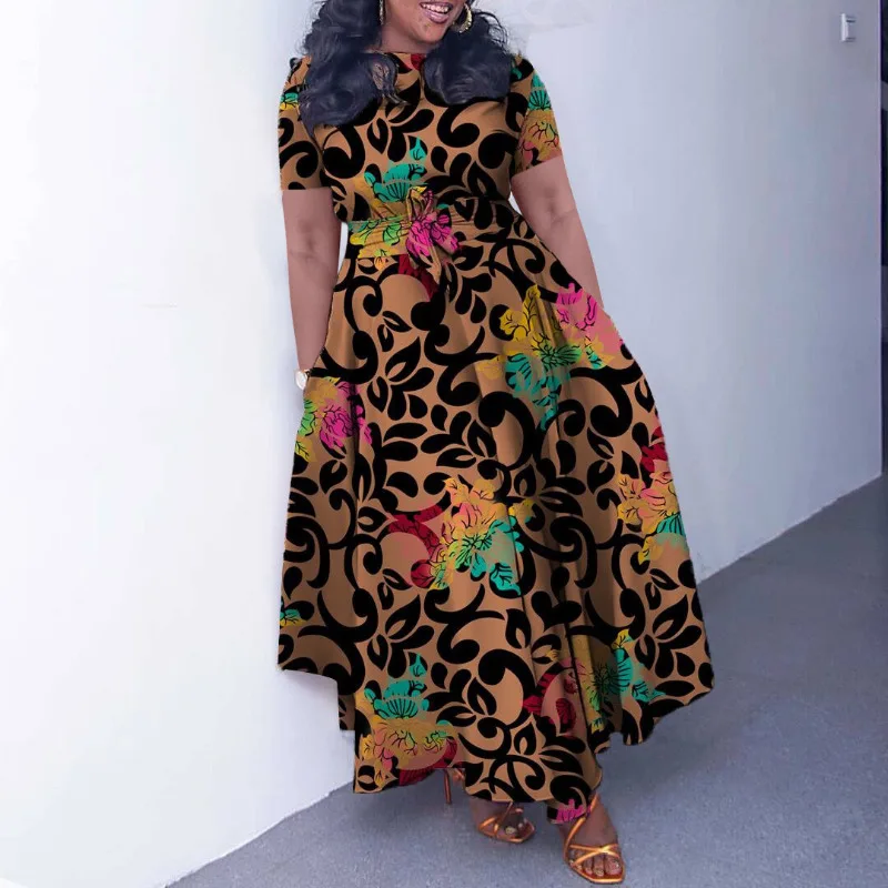 Women African Dresses Print Short Sleeve O Neck Party Dress Print Vestidos Loose Fit Lace-up Spliced Slight Strech Summer 2026