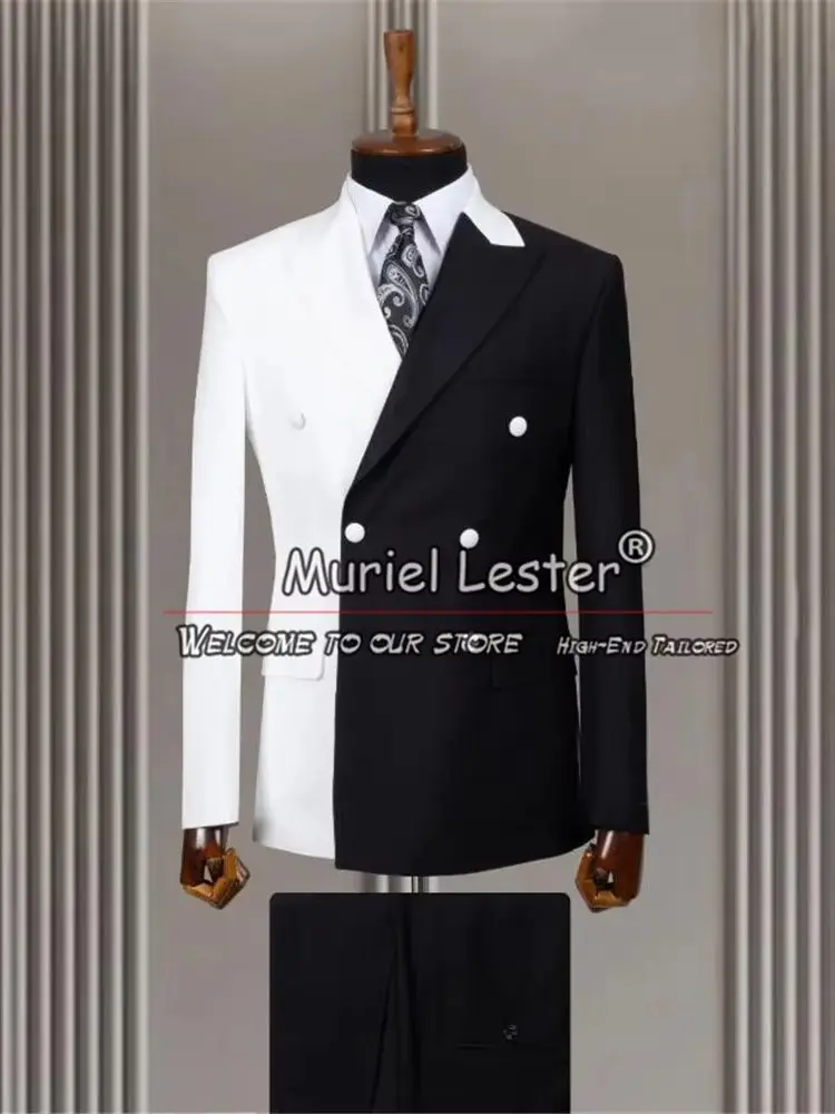 Male Fashion Suits Men Splicing Black White Blazer With Solid Pants Groom Wedding Tuxedos Plus Size Costume Homme Customized