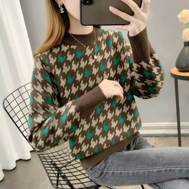 

2025 Autumn Winter New High Neck Knitted Sweater Loose Fashion Jacquard Pullover Warm Casual Turtleneck Top