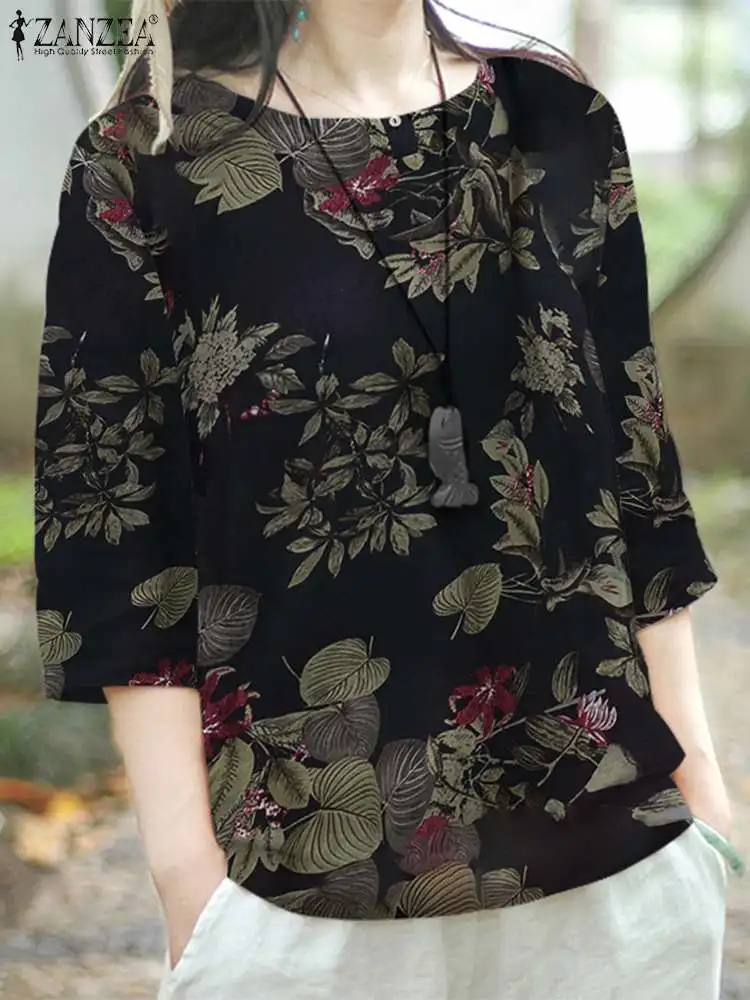 ZANZEA Holiday Cotton Floral Print Blouses Casual Loose 3/4 Sleeve Women Rond Neck Shirts 2023 Summer Everyday Tunic Tops Blusas