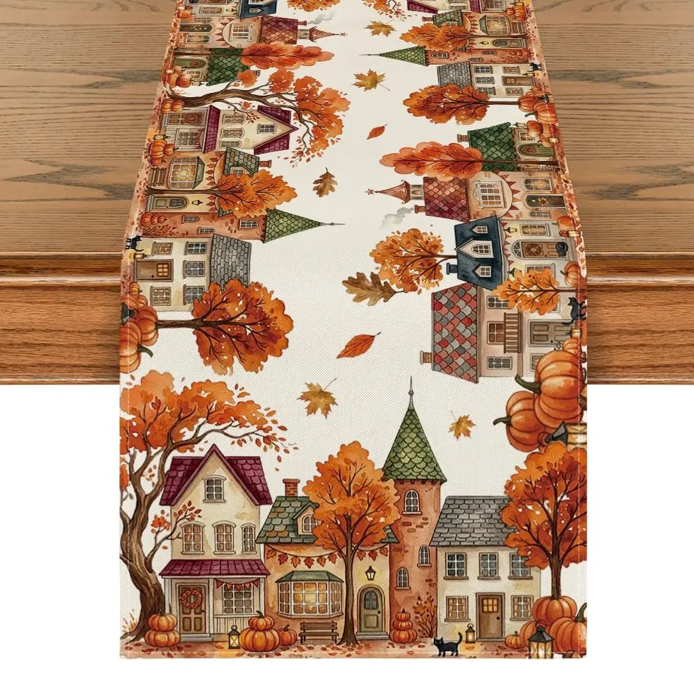Fall Table Runner Home Party Decor Pumpkin House Tree, Seasonal Kitchen Dining Table Decoration