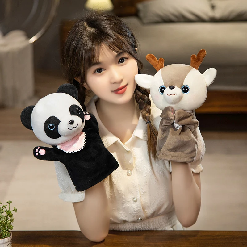 Marioneta de mano de animales del bosque de dibujos animados para niños, juguetes de peluche suaves, Panda, oveja, gatito, ciervo, caballo, accesorios de juego encantadores