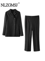 TRAF 2024 Spring Elegant Stripe Women Loose Blazer Wide Pants Suits Single Button Long Sleeve Office Jacket Female Sets