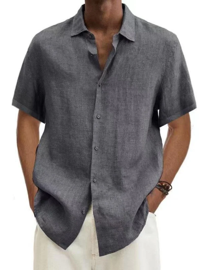 Men's Short Sleeve Linen Blend Shirt Casual Button Down Collar Lightweight Breathable Top