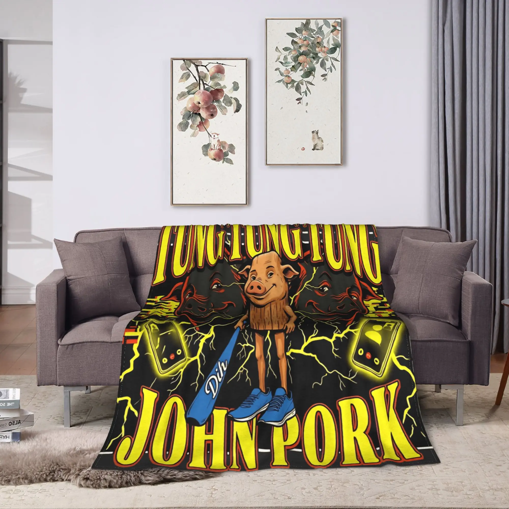 John Pork Tung Meme Gen Z Brainrot Funny Call Warm Soft Blankets For Living Room  Funny Throw Flannel Bedspread