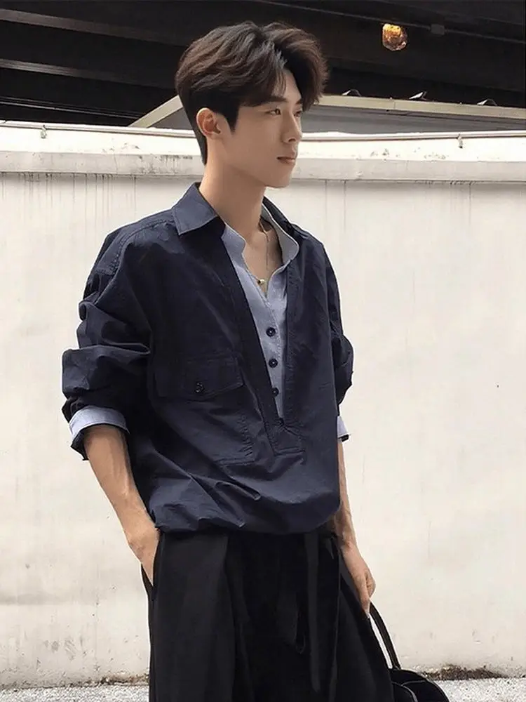 

Loose Fit V-Ne Men's irt Casual Sle Splicing Workwear Jaet Loose Matching Design Sensation Autumn Faion Outerwear