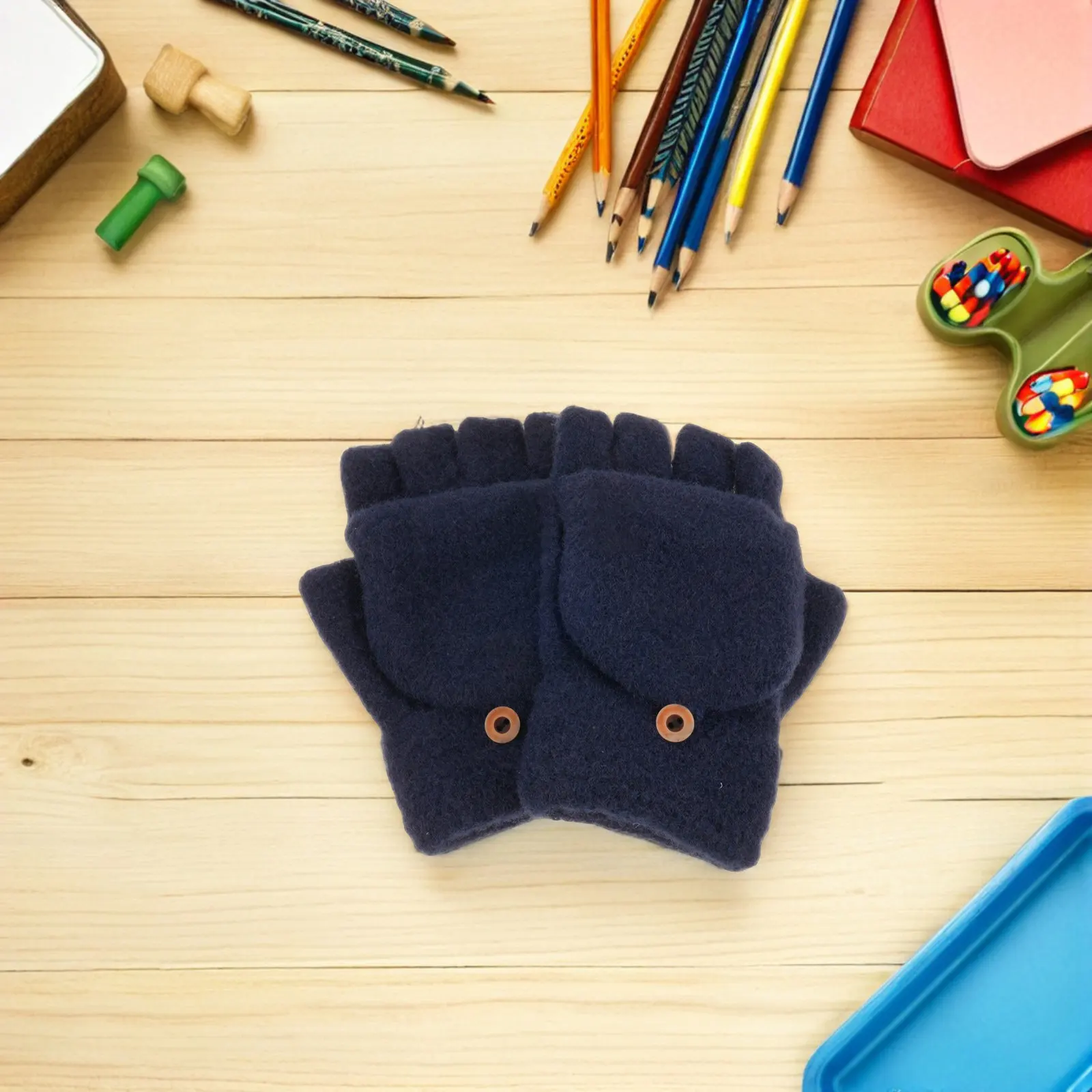 1Pair Warm Knitted Convertible Mittens Navy Blue Winter Fingerless Gloves Half Finger Thermal Gloves for Outdoor Sports Riding