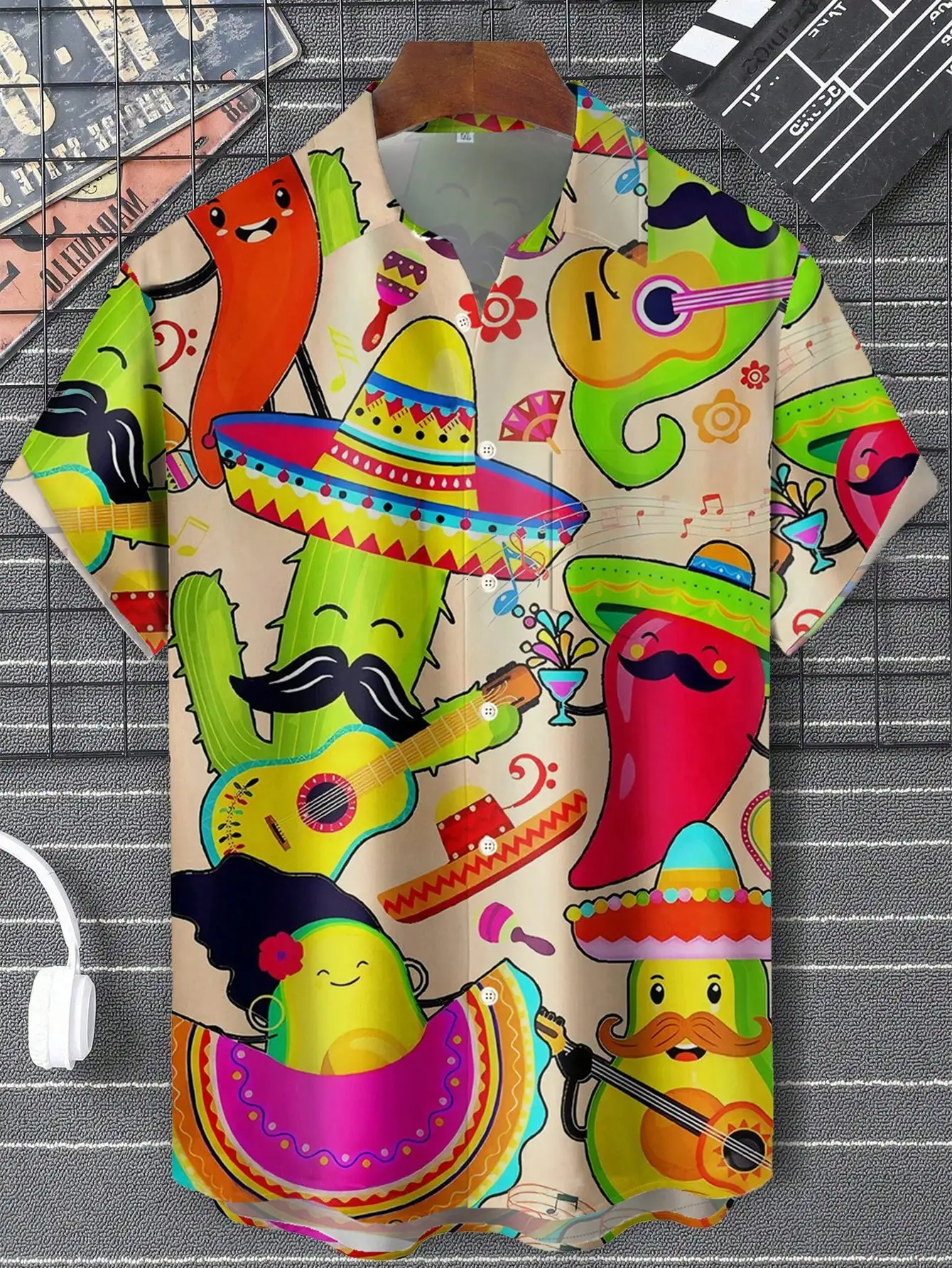 

Men's Short Sleeve Button-Down Shirt with Festive Cactus & Chili Print