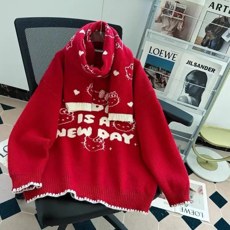 

Женский свитер Sanrio Hello Kitty в стиле Lazy, красный, с новогодним и рождественским дизайном, шарф, осенне-зимняя новая модель, свободный трикотажный топ