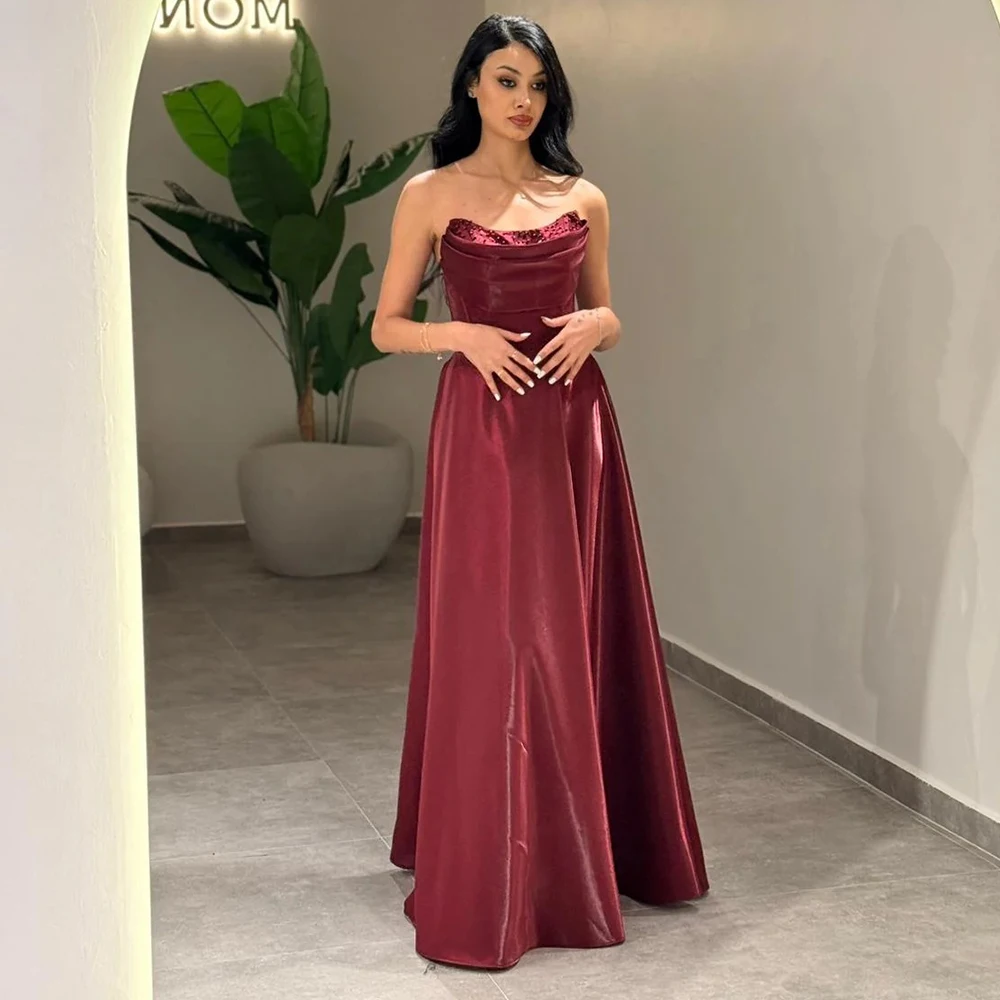 

Customized Satin Strapless Evening Dress 2026 Saudi Arabia Elegant Sleeveless Lace-Up Back A-Line Formal Party Prom Gowns