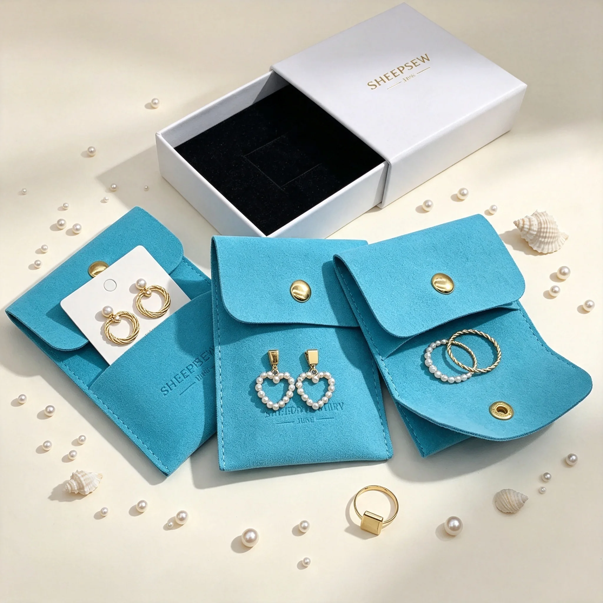SheepSew Custom Branded Suede Snap Jewelry Pouch With Insert Holder Wholesale Emboss Logo Jewellery Packaging For All Jewelry