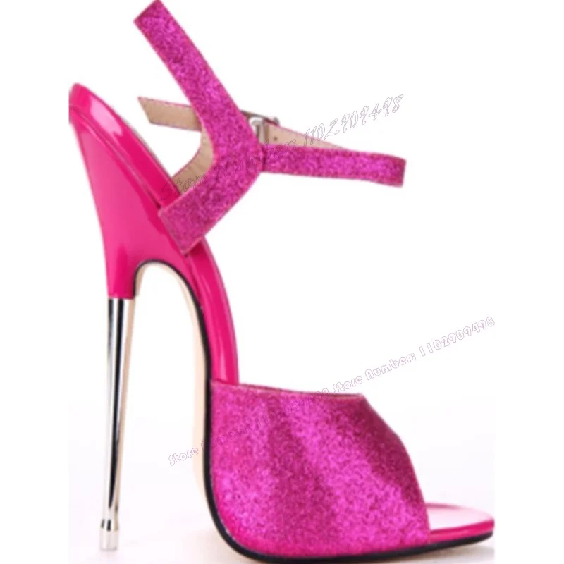 Rose Red Glitter Metal Heel Back Strap Sandals Peep Toe Shoes for Women Extreme High Heels Sexy Shoes 2023 Zapatos Para Mujere