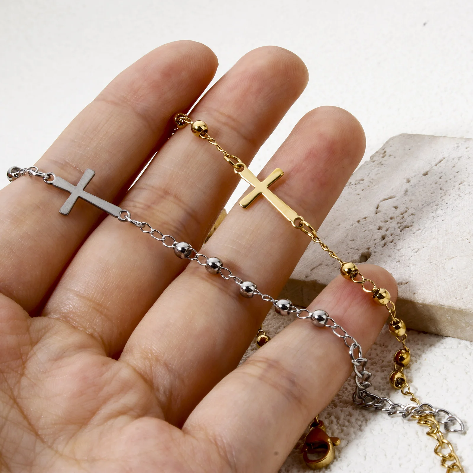 1 Piece 304 Stainless Steel Religious Curb Link Chain Bracelets Cross Virgin Mary For Men Women Jewelry Gift 18.5cm(7 2/8\