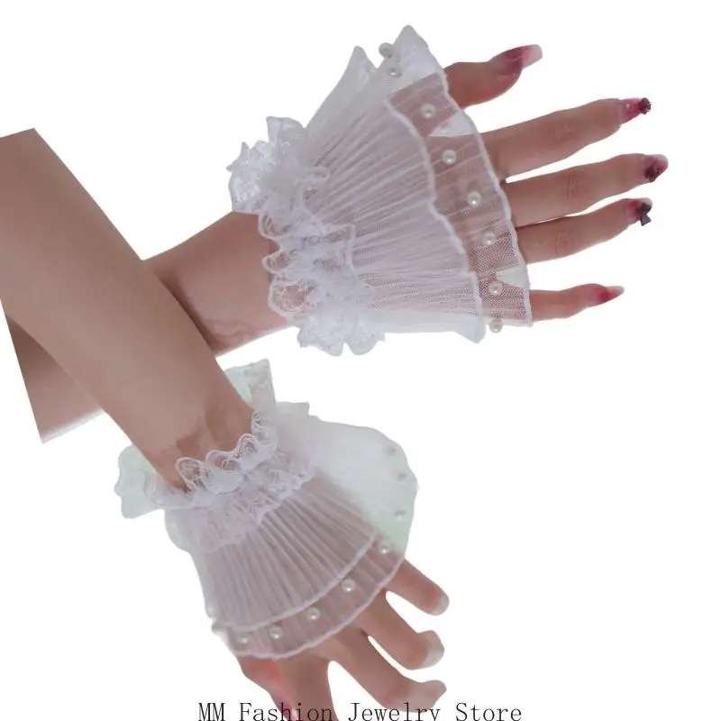 

D0UB Elegant Organza Wrist Cuffs Covers With Lace Trim Flower Wrist Sleeves For Photography Decorative Arm Sleeves Handwear