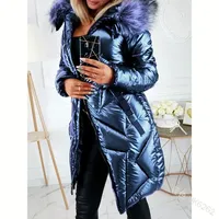 Mid-Length Overcoats Parkas Clothing Zipper Trend Glossy Parkas Outwear Women Big Fur Collar Slim Fit Thermal Fall Winter Coat
