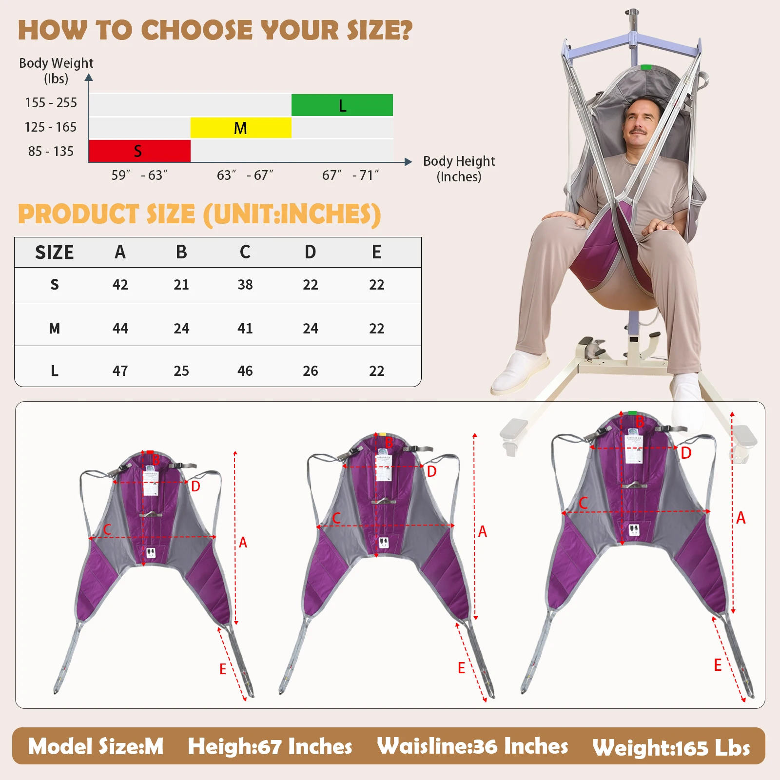Ehucon Patient Lift Sling Divided Leg Sling with High Back Transfer Hoist Hoyer Sling for and Positioning Transfer SWL 500lbs