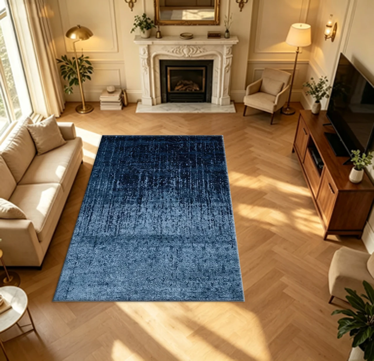 Deep Blue Gradient Distressed Carpet Flooring Vintage Faded Large Area Rug for House Interior Decoration