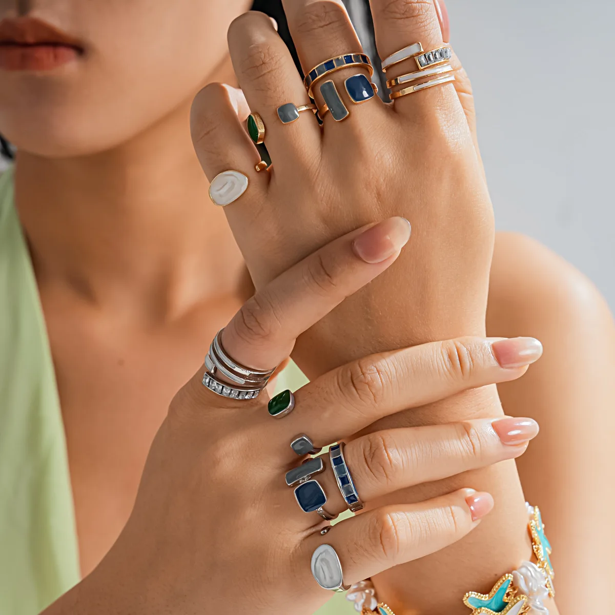 6 Pcs Square Geometric Dripping Oil Open Rings Women Men Adjustable Index Finger Cuff Rings Daily Party Stackable Jewelry Set K