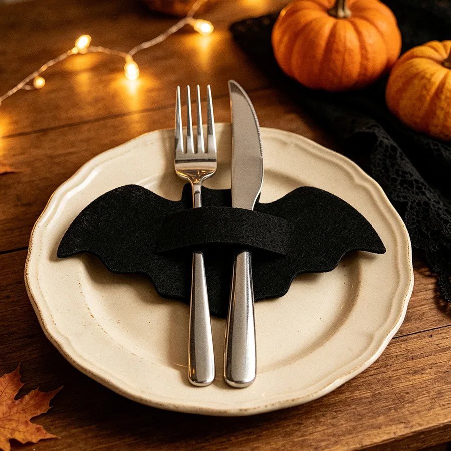 12pcs Halloween Bat Knife & Fork Covers, Polyester Cutlery Clips Placemats for Party Home Restaurant Decor