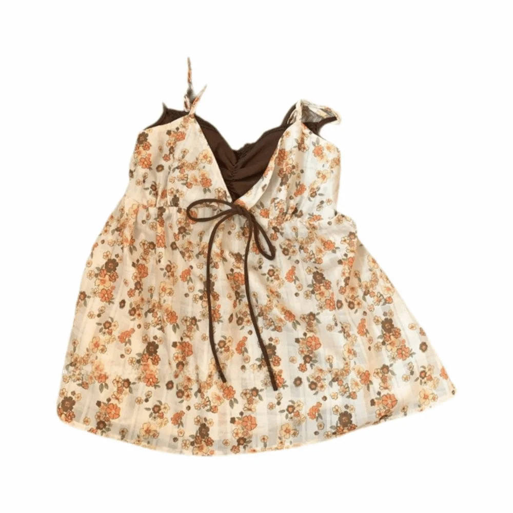 New Floral Pattern Floral Camisole Lace Trim Backless Crop Tank Top Strap Vest Women's Summer Outfits