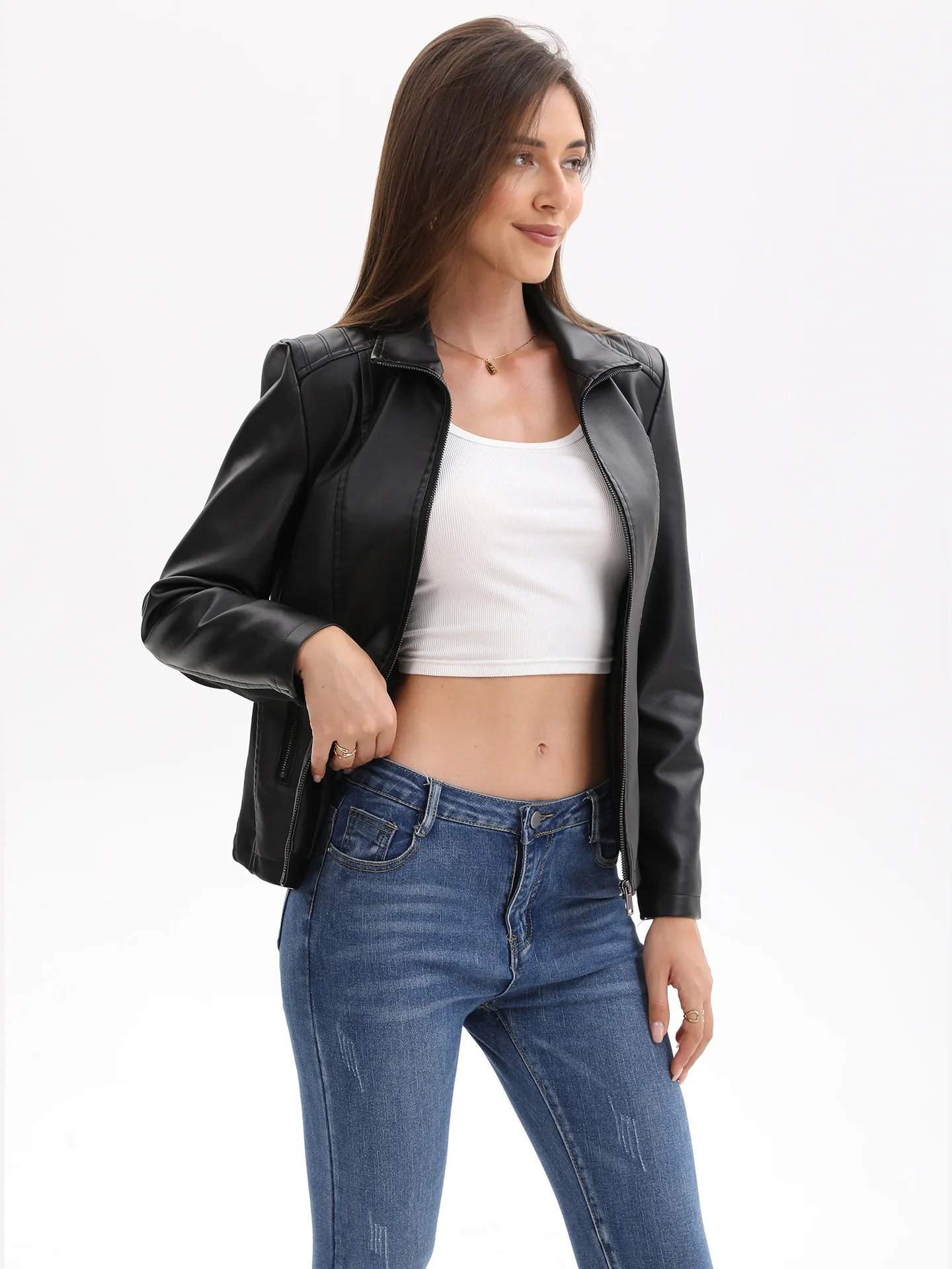 Fashion Women's Short Leather Jacket 2025 Knitted Patchwork Stretch Coat European Size New Arrival