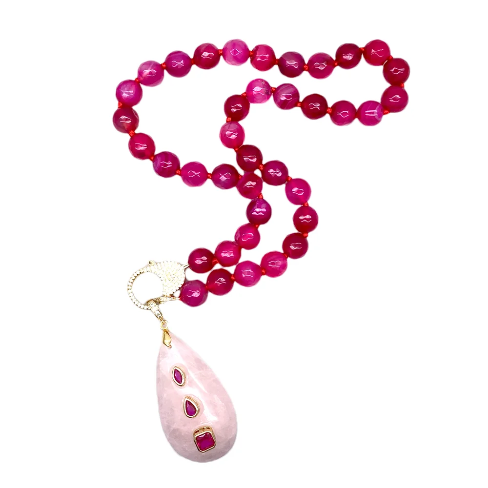 Stylish Fuchsia Agate Necklace With Rose Quartz Teardrop Pendant Hypoallergenic Jewelry For Fashionable Parties
