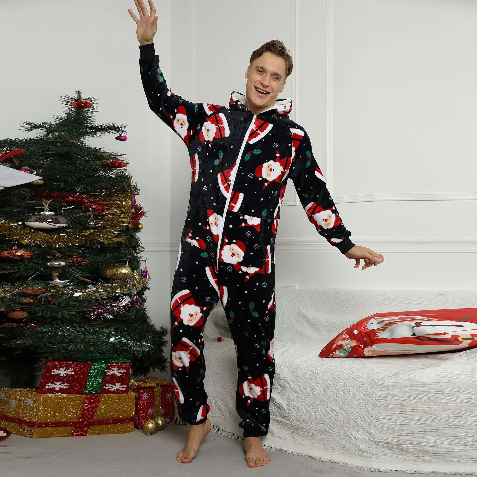 Men Christmas Wool Pajamas Solid Color Zipper Loose Hooded Jumpsuit Winter Warm One Piece Fleece Plush Sleepwear Clothes