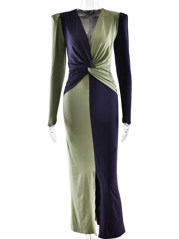 Chaxiaoa Elegant Sleeveless Color Block Long Sleeve Dress Women Sexy V-neck Bodycon Party Evening Dress Winter New Vestidos 2026