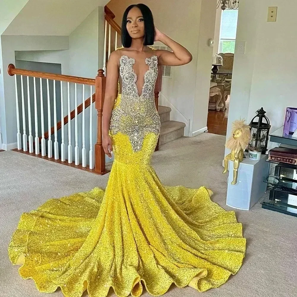 Robes de bal à paillettes jaunes, longues robes de soirée de luxe en cristal et diamant, style sirène, pour filles noires, personnalisées, 2025