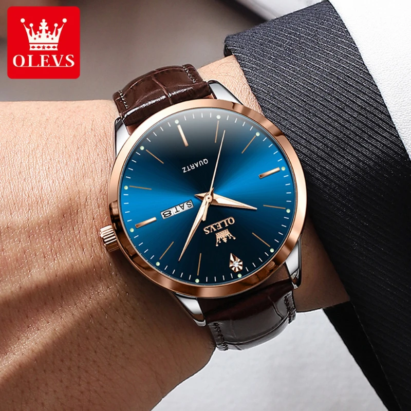 OLEVS 2935 Men’s Quartz Watches Top Brand Original Luxury Watch for Men Large Dial Leather Strap Waterproof Luminous Wristwatch