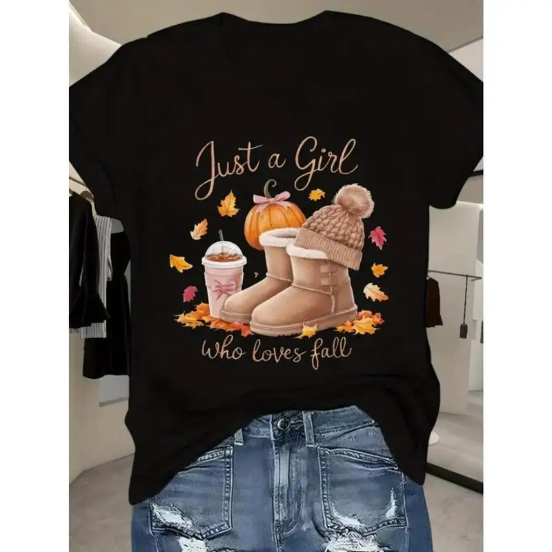 

Women's Fall Graphic T-Shirt - "Just a Who Loves Fall" Pumpkin & Autumn Leaves Print, Breathable Cotton Moisture-Wicking Casual