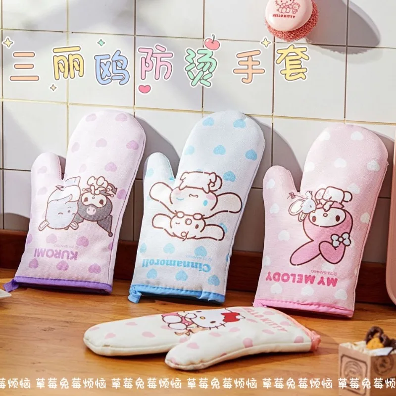 Sanrio Hello Kitty My Melody Anime Kawaii Ins Anti Heat Gloves Cute Cartoon Kuromi Thick Insulation Kitchen Baking Gloves Gifts