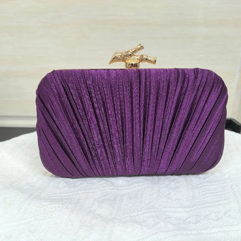Elegant Lilac Shimmer Pleated Satin Clutch Purse, Gold Branch Bird Lock Hard Evening Bag for Bridal Wedding Cocktail Gala Party view 2