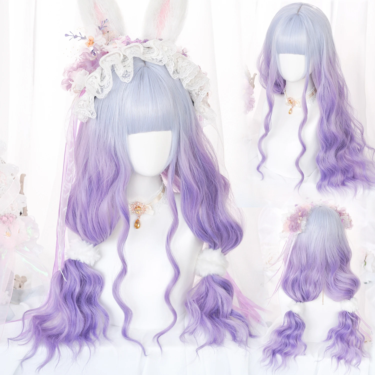 HANEROU-Perucas cosplay sintéticas para mulheres, ombre, rosa e roxo, perucas lolita com estrondo, festa diária, resistente ao calor