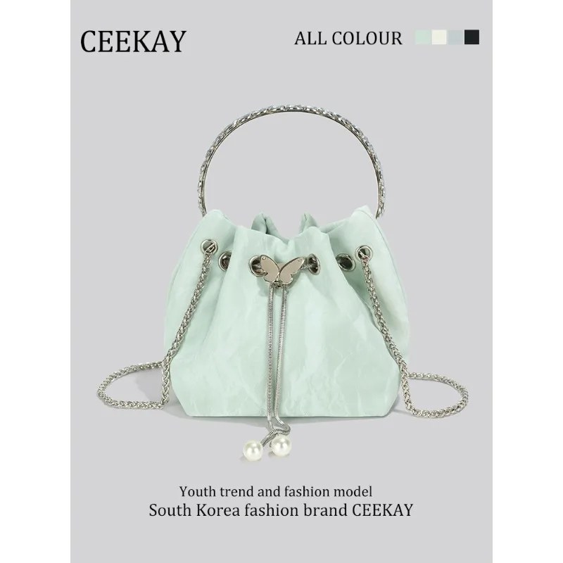 

2026 New CEEKAY Bucket Bag Pleated Fabric Drawstring Bag with Butterfly Lock Casual Handbag for Women Perfect for Daily & Outing