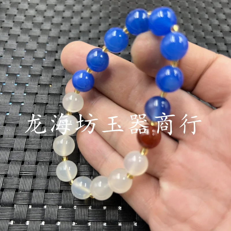 Ice-like Blue Chalcedony round Beads Jade Bracelet10mm Agate Bracelet Color Matching Bracelet Live Broadcast Same Bracelet