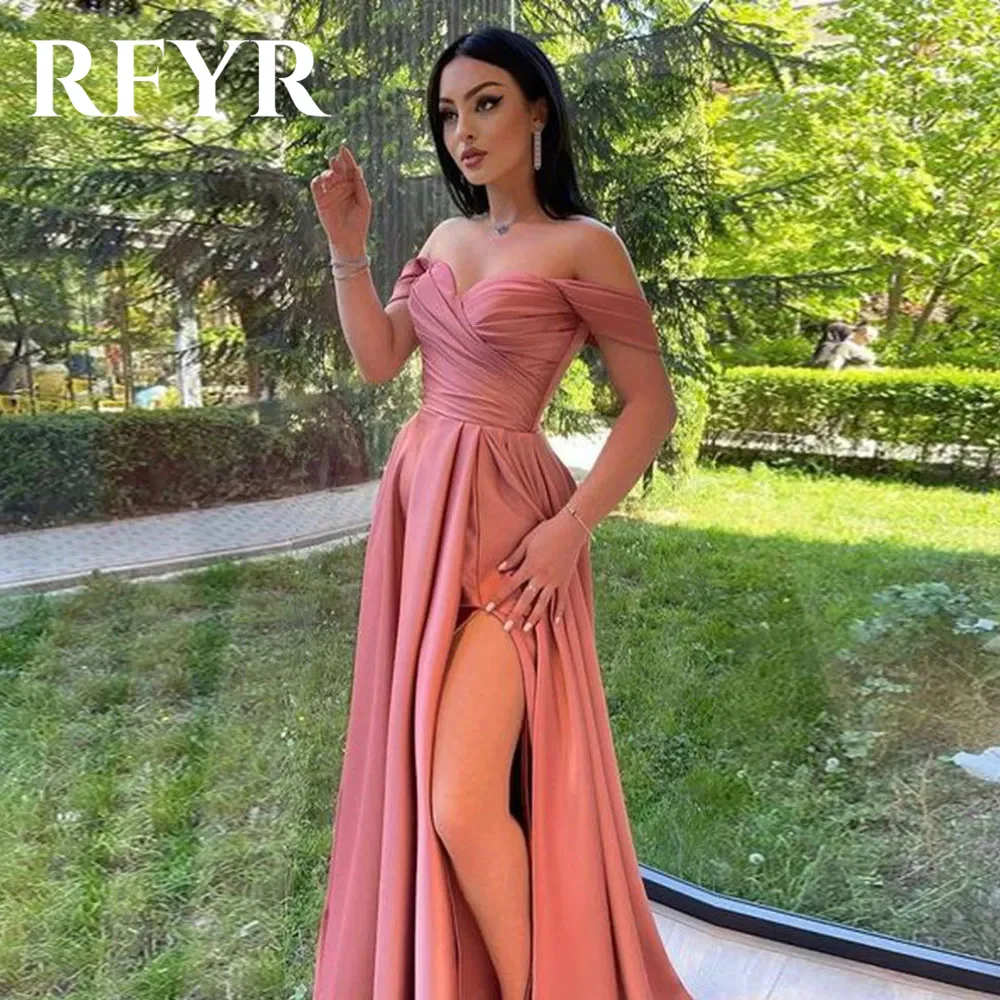 

RFYR Pink Evening Dress For Party Satin Off the Shoulder Pleats Sweetheart Split Prom Gowns Train Celebrity Dress Customized