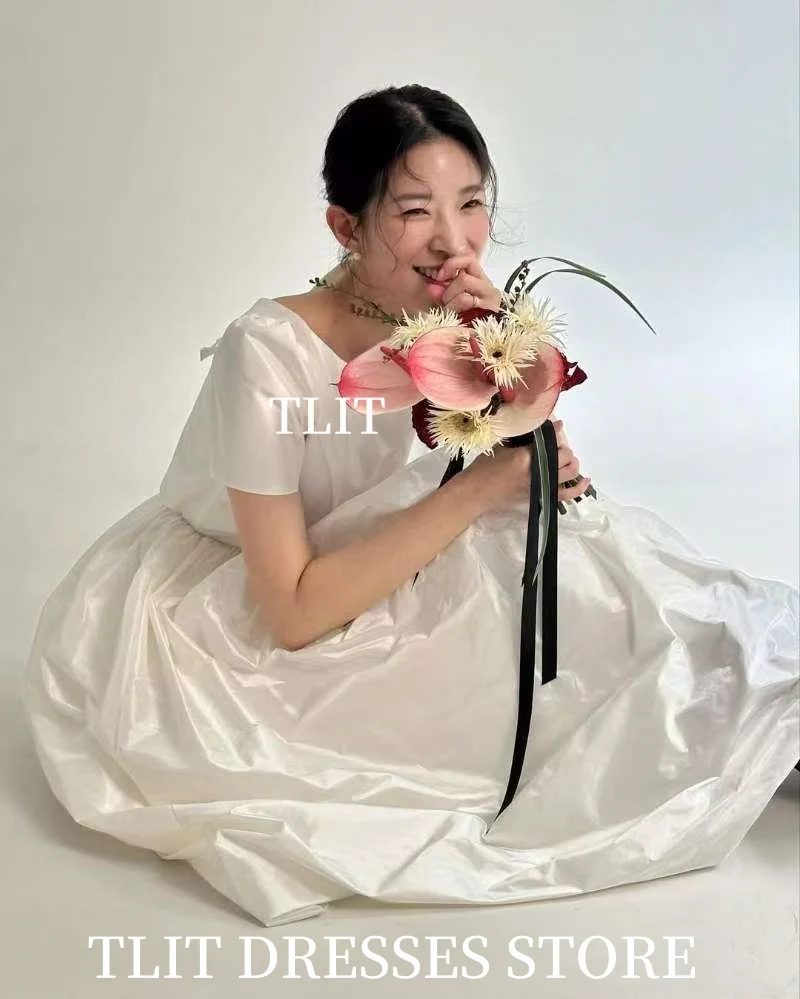 TLIT Eenvoudige witte satijnen avondjurk Korea trouwjurk fotoshoot O-hals bloemen galajurken op maat gemaakte korsetjurken