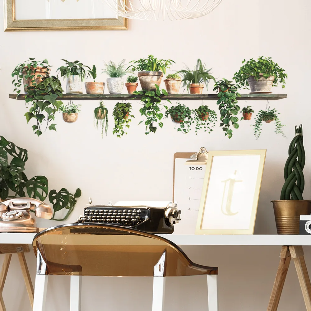 Cartoon Flower Shelf Potted Plant Wall Stickers Decals Bedroom Living Room Home Removable Decorative Art Wall Stickers