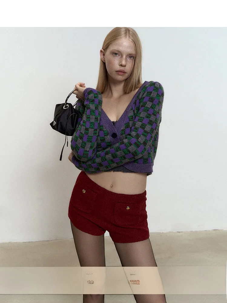 

Parisian Daydr ort Open Cardigan Women's Slim Fit Plaid Woolen Jaet Street Sle Long Sve ort Length 70% Wool 30%...