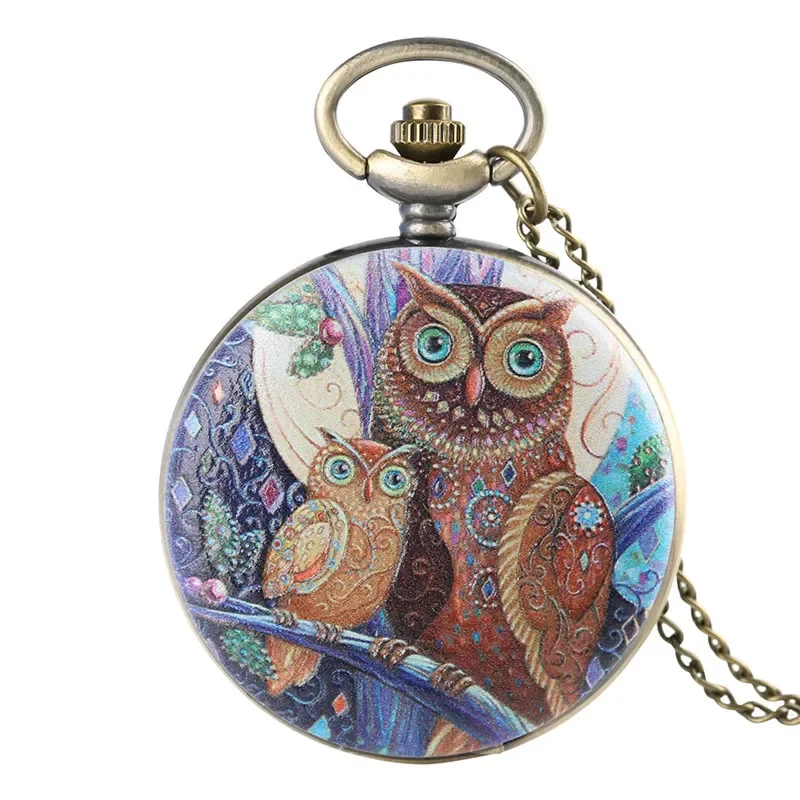 Bronze Pocket Watch with Lovely Owl Pattern Full Hunter Alloy Quartz Clock with Necklace Fob Chain for Men Women Antique Watches