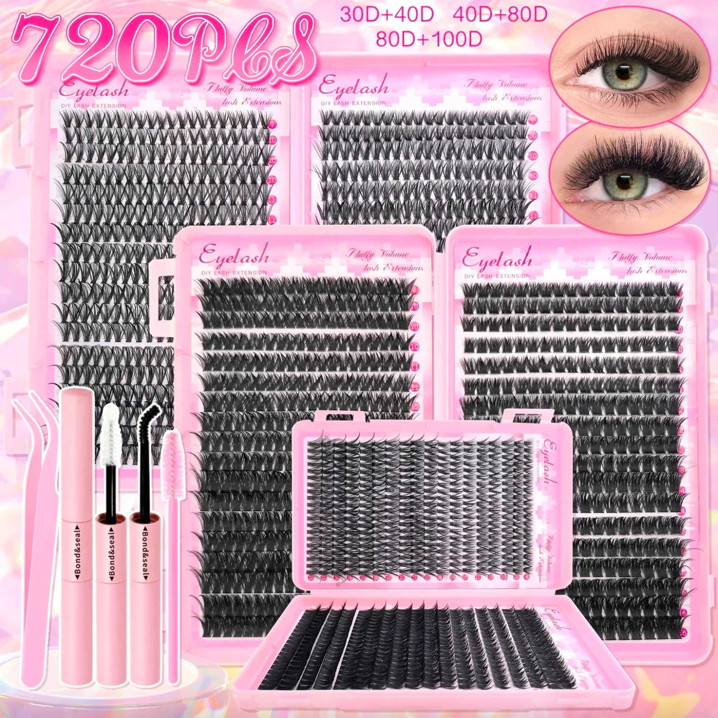 Extra Thick DIY Lash Extension Kit - Fluffy Volume Individual Lashes, Complete Set with Bond & Seal, Applicator & Tweezers