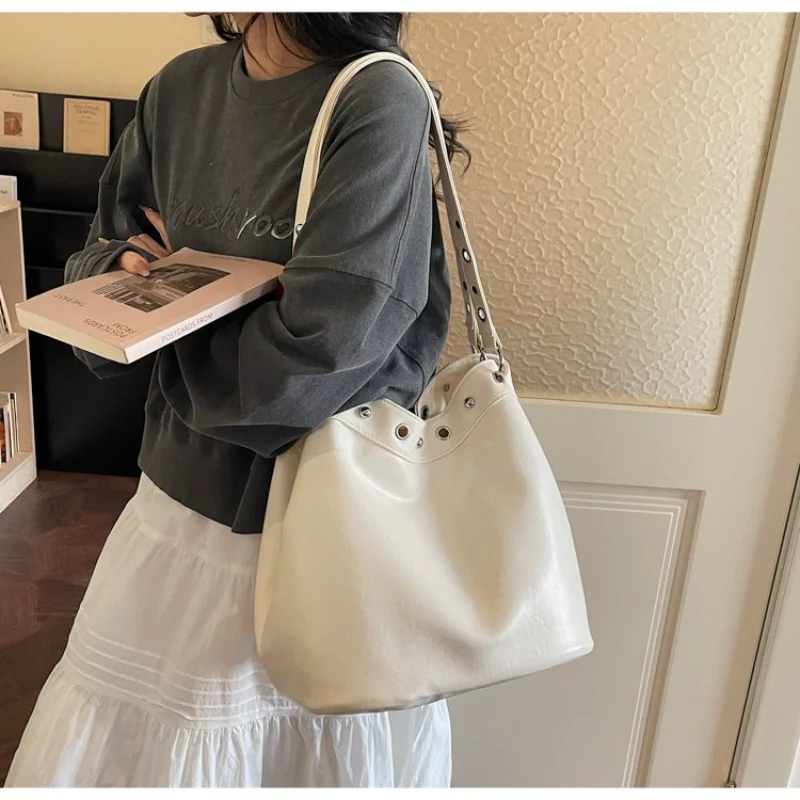 

Edgy Chic Tote Shoulder Bag with Wide Strap & Rivet Accent for Dating Work Errands Daily Casual Weekend Wear Everywhere Hand Bag