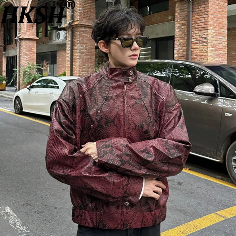 

HKSH Autumn Winter New Men Chic Snakeskin Pattern Rivet Design Leather Jacket Trendy Fashion High Street Moto Biker Coat HK15366