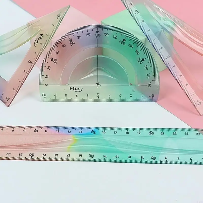 4Pcs Foldable Ruler with Triangles Ruler Protractor Straight Ruler, Plastic Ruler Set Flexible Ruler Soft Bendable Ruler 