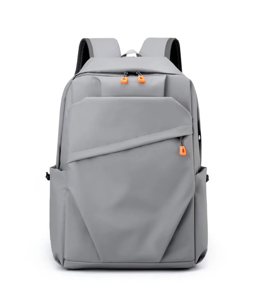 Light gray fashion backpack with orange plastic zipper pulls irregular diagonal cut front pocket anti wear waterproof fabric