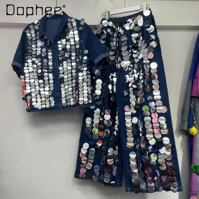 

Sequins Short Sleeved Denim Shirt and Denim Pants Two Piece Sets Womens Outifits Heavy Industry Decoration Straight Jeans